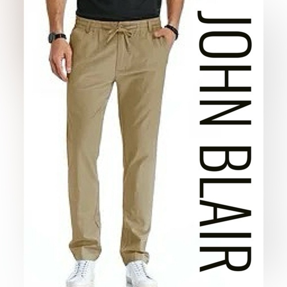 John Blair Men’s Khaki Pull-On Drawstring Pants L — Straight Leg, Comfort Waist
